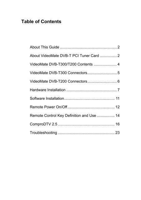 VideoMate DVB-T300/T200 PCI Tuner Card Start Up Guide