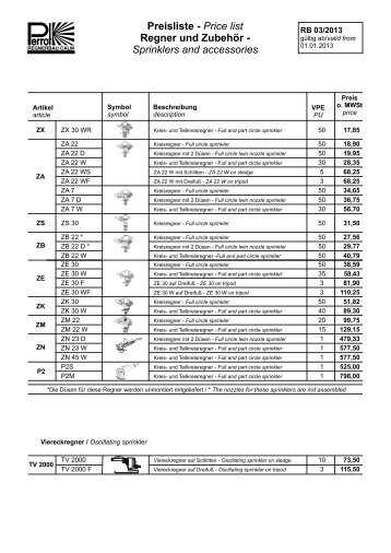 Preisliste - Price list Regner und Zubehör - Sprinklers and accessories