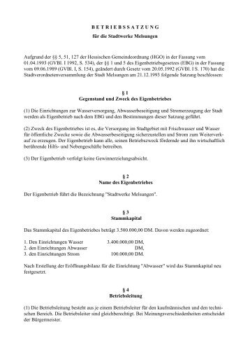 Betriebssatzung der Stadtwerke Melsungen