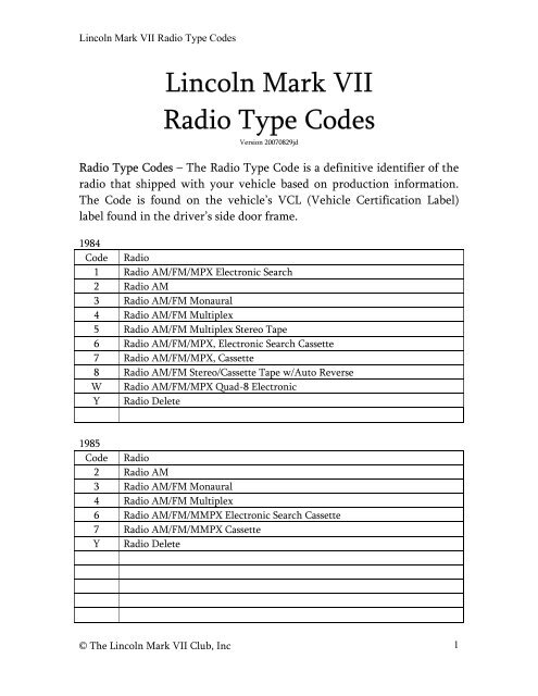 Lincoln Mark VII Radio Type Codes - The Lincoln Mark VII Club