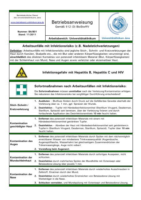 Betriebsanweisung Bei Unfallen Mit Infektionsrisiko Betriebsarzt