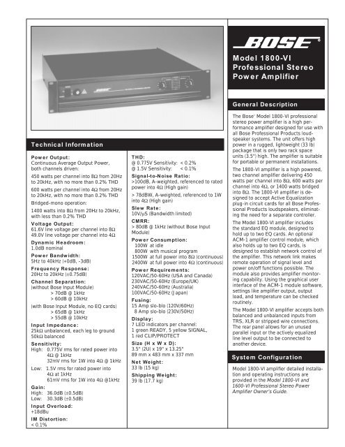 Model 1800-VI Professional Stereo Power Amplifier - Tech ... - Bose