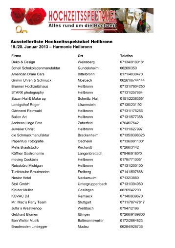 Ausstellerliste Hochzeitsspektakel Heilbronn 19./20. Januar 2013 ...