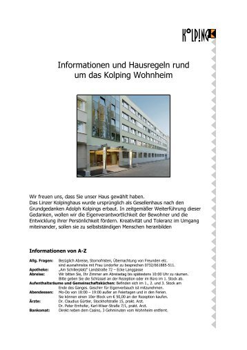 Informationen A-Z Kolpingheim - Kolpinghaus Linz