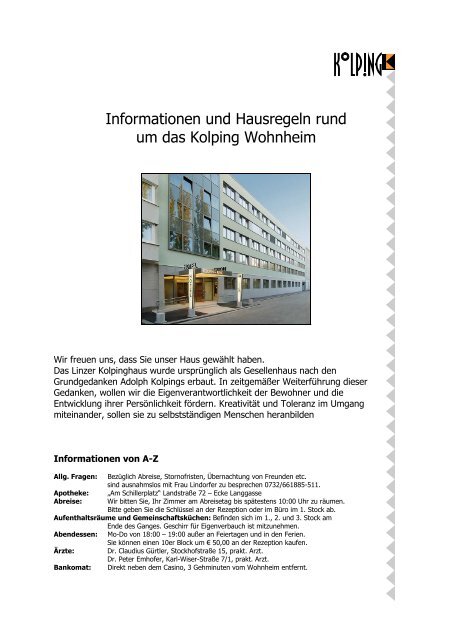 Informationen A-Z Kolpingheim - Kolpinghaus Linz