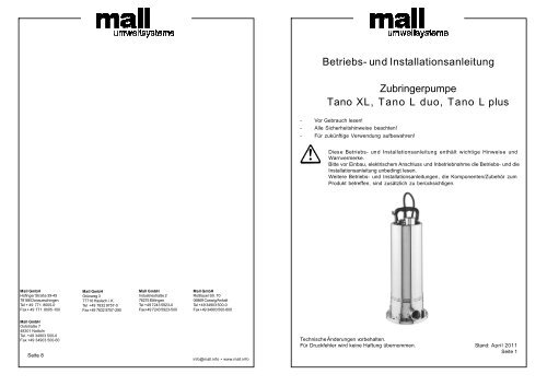 Betriebsanleitung Zubringerpumpe Tano T plus - Mall GmbH