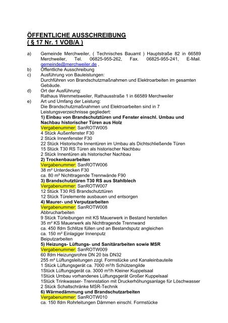 ÖFFENTLICHE AUSSCHREIBUNG - Gemeinde Merchweiler