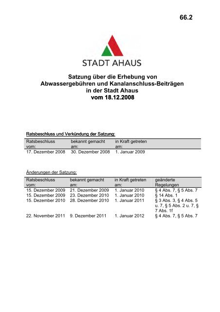 Satzung über die Erhebung von Abwassergebühren ... - Stadt Ahaus