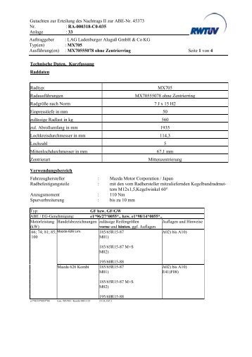 Gutachten zur Erteilung des Nachtrags II zur ABE-Nr. 45373 Nr. : RA ...