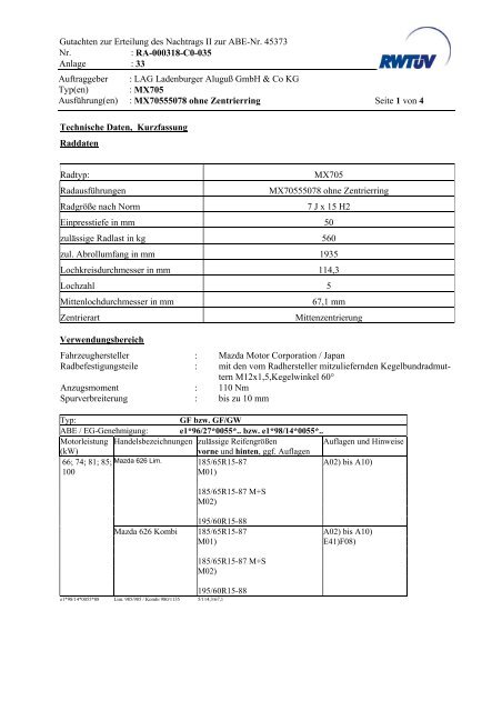 Gutachten zur Erteilung des Nachtrags II zur ABE-Nr. 45373 Nr. : RA ...