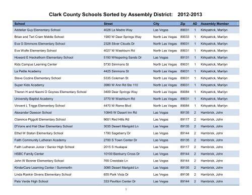 Clark County Schools Sorted by Assembly District: 2012-2013