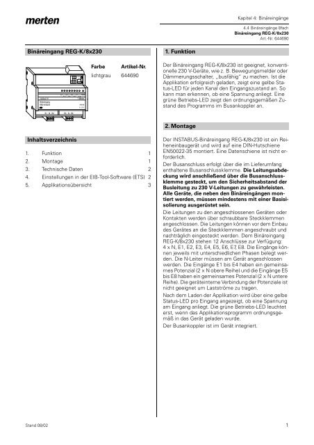 Binäreingang REG-K/8x230 Inhaltsverzeichnis 1. Funktion 2. Montage