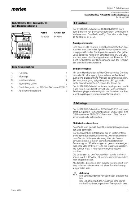 Schaltaktor REG-K/4x230/16 mit Handbetätigung Inhaltsverzeichnis ...