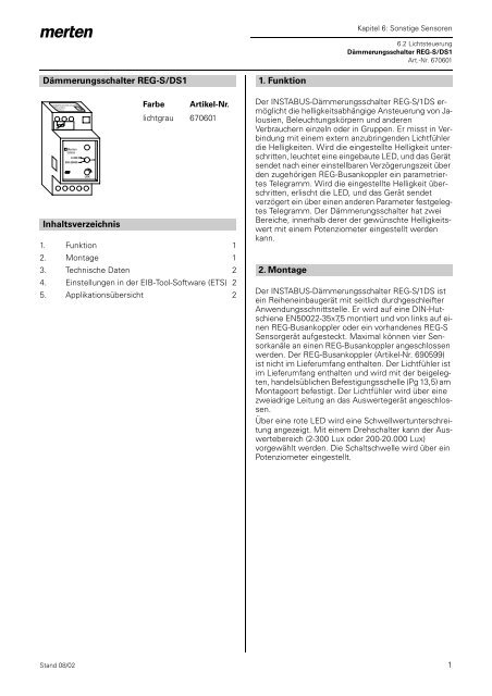 Dämmerungsschalter REG-S/DS1 Inhaltsverzeichnis 1. Funktion 2 ...