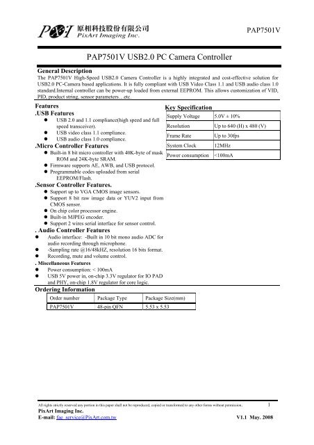 PAP7501V USB2.0 PC Camera Controller - Pixart Imaging Inc.
