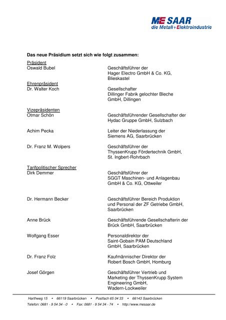Liste des amtierenden Präsidiums