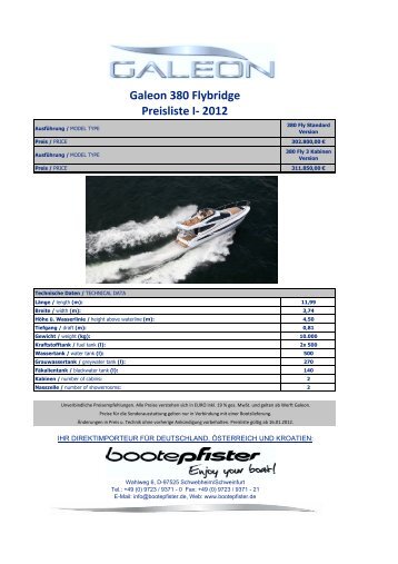 Galeon 380 Flybridge Preisliste I- 2012 - Boote Pfister