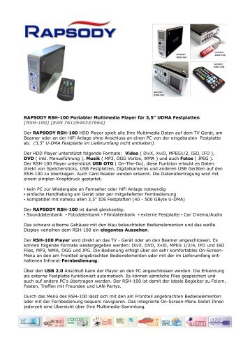 RAPSODY RSH-100 Portabler Multimedia Player für 3,5“ UDMA ...
