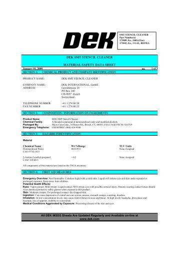 DEK SMT STENCIL CLEANER MATERIAL SAFETY DATA SHEET