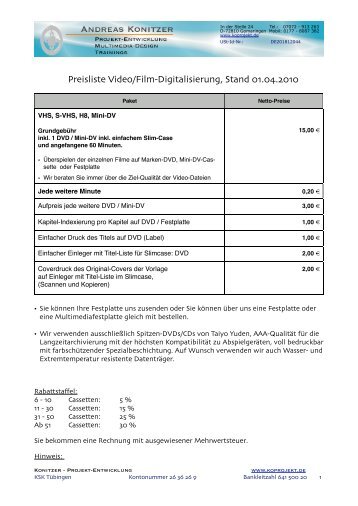 Preisliste Video/Film-Digitalisierung, Stand 01.04.2010 - Podmile