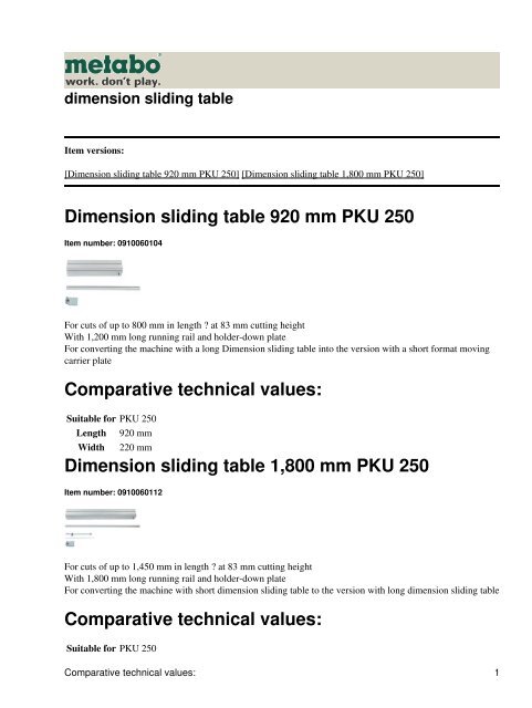 Dimension sliding table 920 mm PKU 250 Comparative ... - Metabo