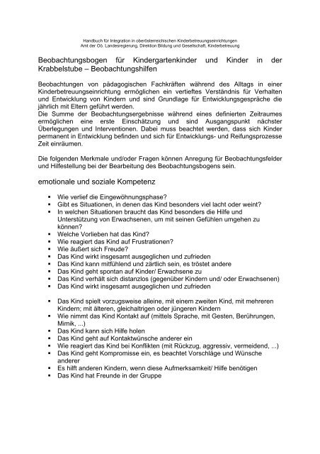 Beobachtungsbogen für Kindergartenkinder und Kinder - Kindernet