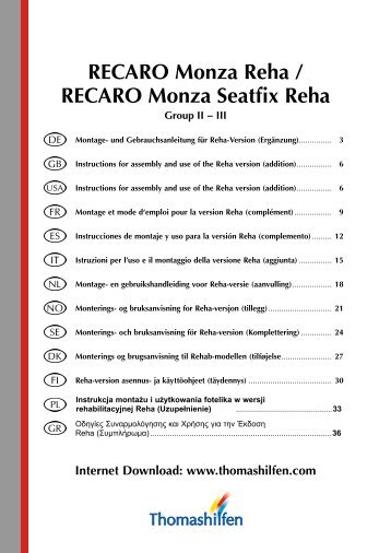 RECARO Monza Reha / RECARO Monza Seatfix ... - Tendercare Ltd