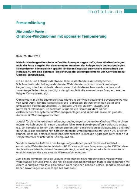 Onshore-Windturbinen mit optimaler Temperierung - Metallux AG