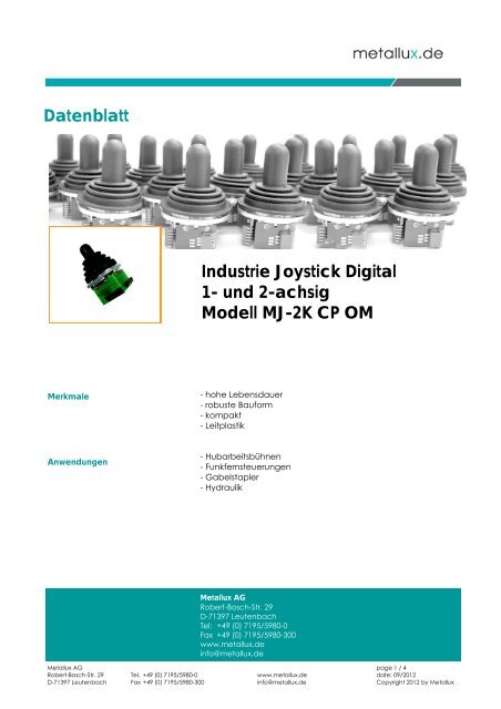 Industrie Joystick Digital 1- und 2-achsig Modell MJ ... - Metallux AG