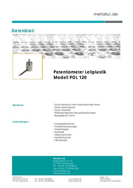 Potentiometer Leitplastik Modell POL 120 Datenblatt - Metallux AG