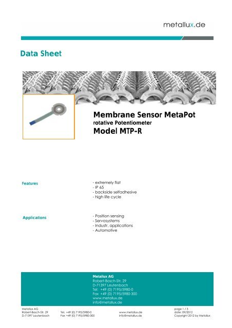 Membrane Sensor MetaPot Model MTP-R Data  Sheet - Metallux AG