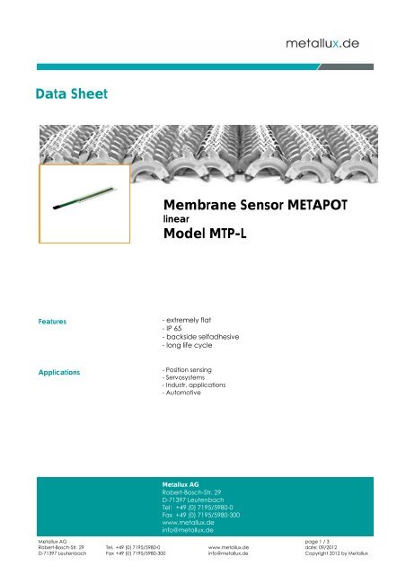 Membrane Sensor METAPOT Model MTP-L Data Sheet - Metallux AG