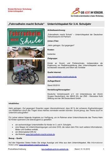 „Fahrradhelm macht Schule“ Unterrichtspaket für 3./4. Schuljahr