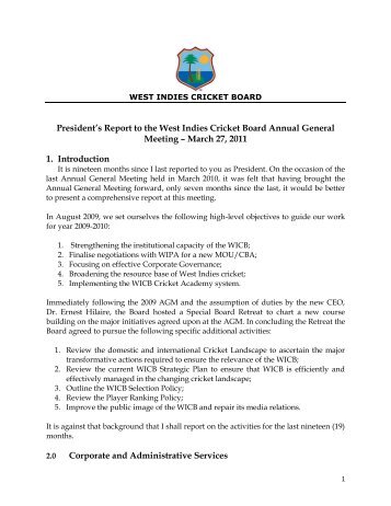 President's Report to the West Indies Cricket Board Annual General ...