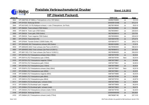 Preisliste Verbrauchsmaterial Drucker HP (Hewlett Packard) - IT.Helps