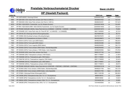 Preisliste Verbrauchsmaterial Drucker HP (Hewlett Packard) - IT.Helps