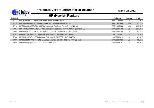 Preisliste Verbrauchsmaterial Drucker HP (Hewlett Packard) - IT.Helps