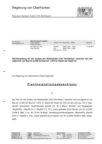 Planfeststellung für den Ausbau der Staatsstraße 2192 "Hof-Rehau ...