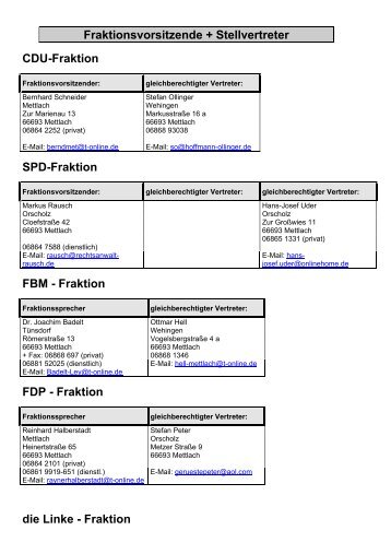 Fraktionsvorsitzende + Stellvertreter CDU-Fraktion SPD-Fraktion ...