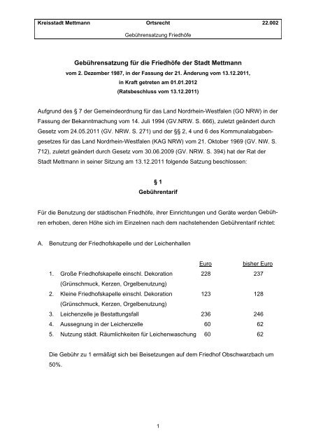 Gebuhrensatzung Fur Die Friedhofe Stadt Mettmann