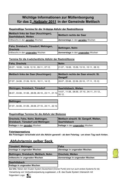 00-Mülltermine 2. Hj. 2011 Veröffentlichung - Gemeinde Mettlach