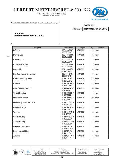 Stock list MTU 839 PDF - Herbert Metzendorff & Co.