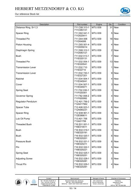 Stock list MTU 839 PDF - Herbert Metzendorff & Co.