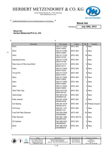 Stock list MTU 493 PDF - Herbert Metzendorff & Co.