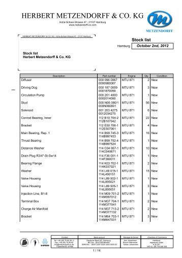 Stock list MTU 871 PDF - Herbert Metzendorff & Co.