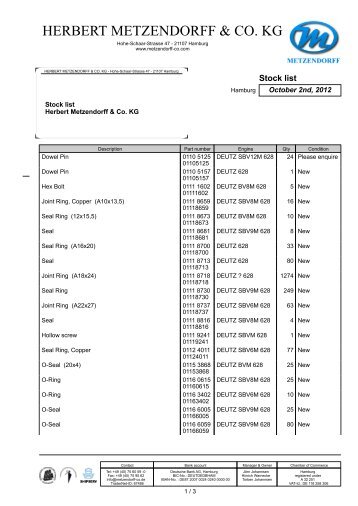 Stock list DEUTZ  628 PDF - Herbert Metzendorff & Co.