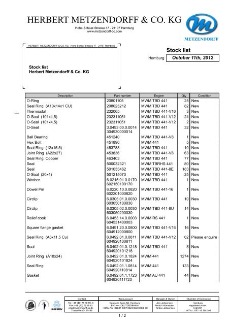 Stock list MWM 441 PDF - Herbert Metzendorff & Co.