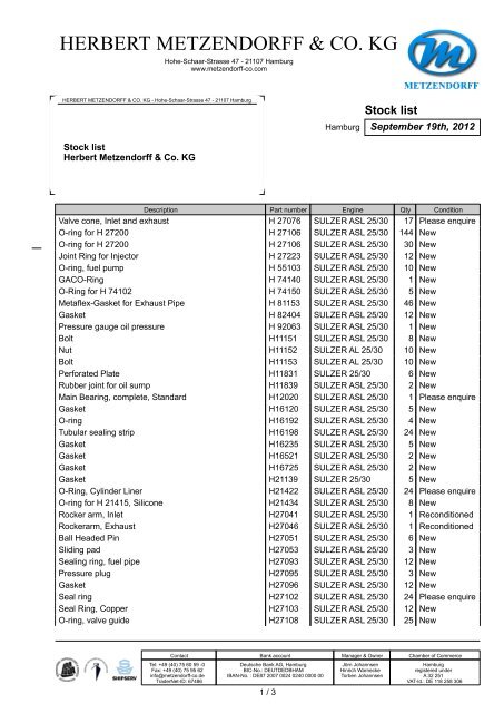 Stock list SULZER 25/30 PDF - Herbert Metzendorff & Co.