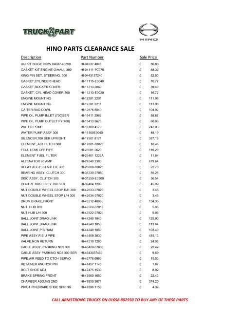 HINO PARTS CLEARANCE SALE