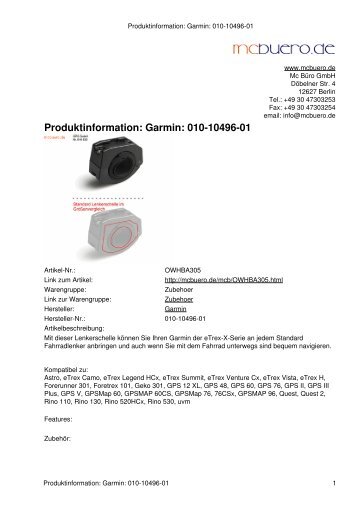 Produktinformation: Garmin: 010-10496-01